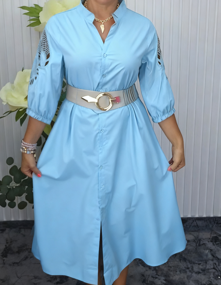 Mavellea™ - Robe femme chemise élégante avec ceinture coupe fluide midi