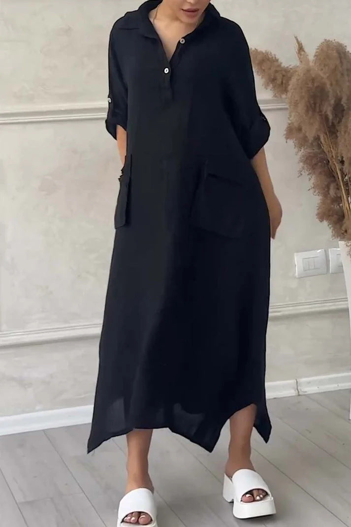 Leontine™ - Robe maxi femme en lin et coton avec revers