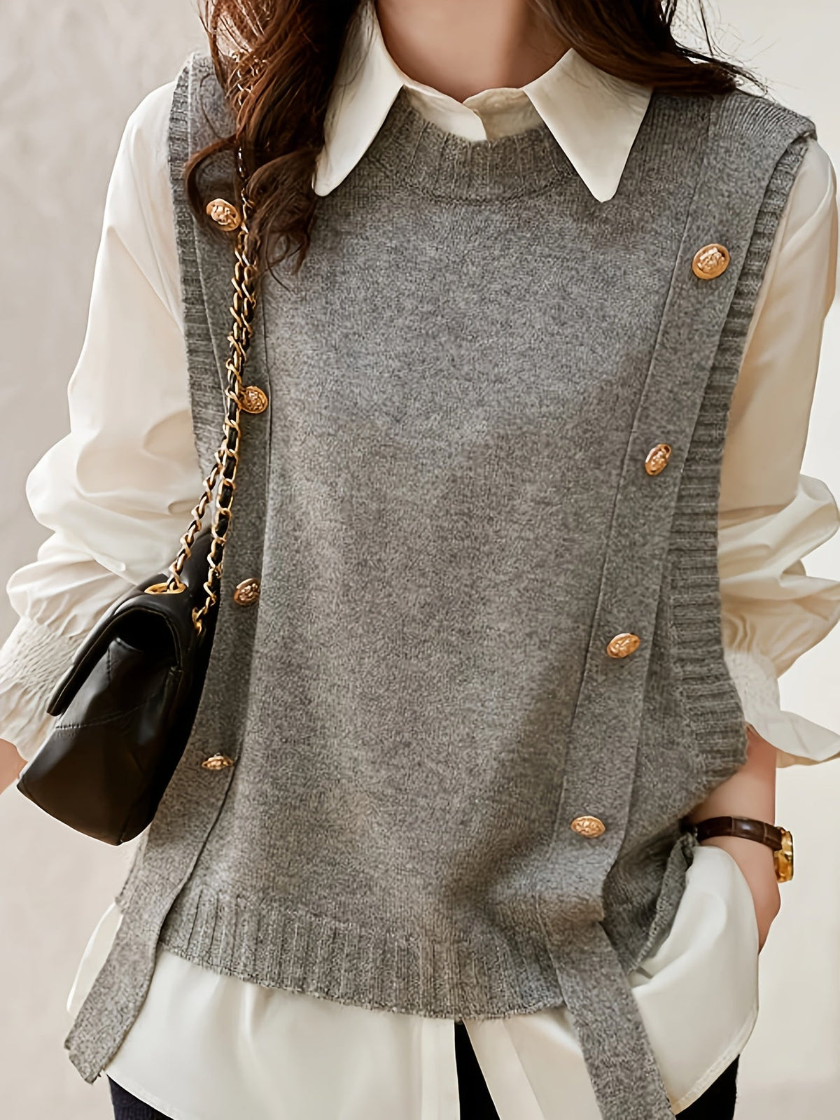 Maëlie - Gilet sans manches femme en maille à boutons décoratifs
