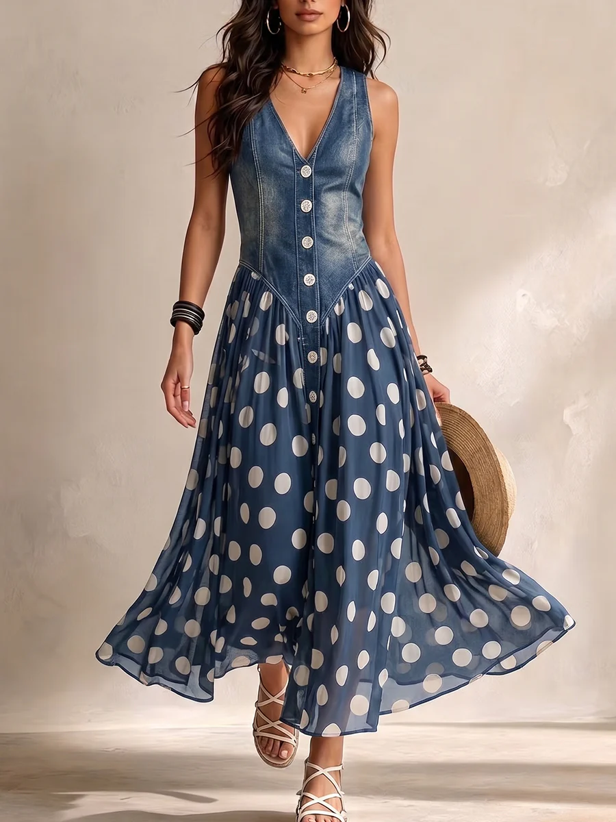 Elviane - Robe sans manches en denim avec jupe fluide à pois