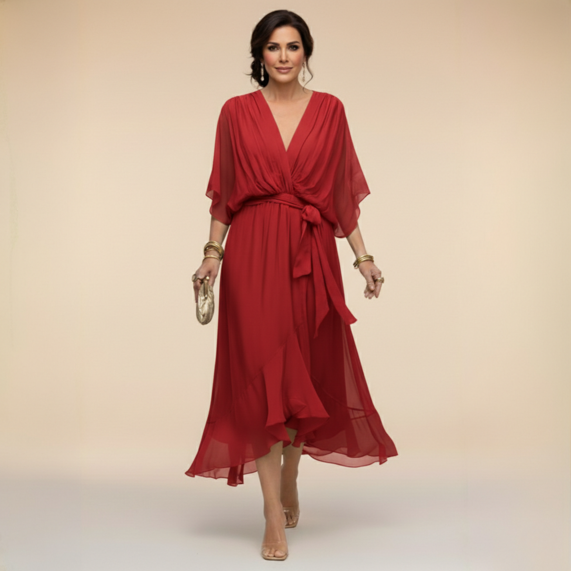 Lazira™ - Robe femme midi fluide col V manches amples ceinture élégante