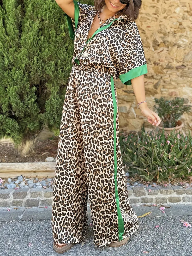 Cyra™ - Ensemble Imprimé Léopard avec Pantalon à Jambes Larges