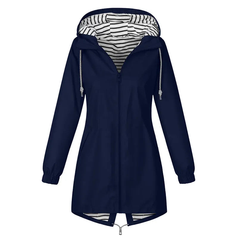 Yolaine - Imperméable femme long à capuche avec doublure rayée