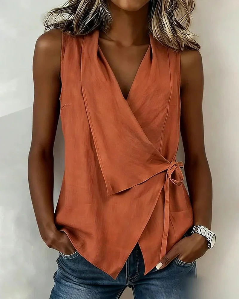 Sylethra™ - Top femme cache-cœur asymétrique sans manches été léger