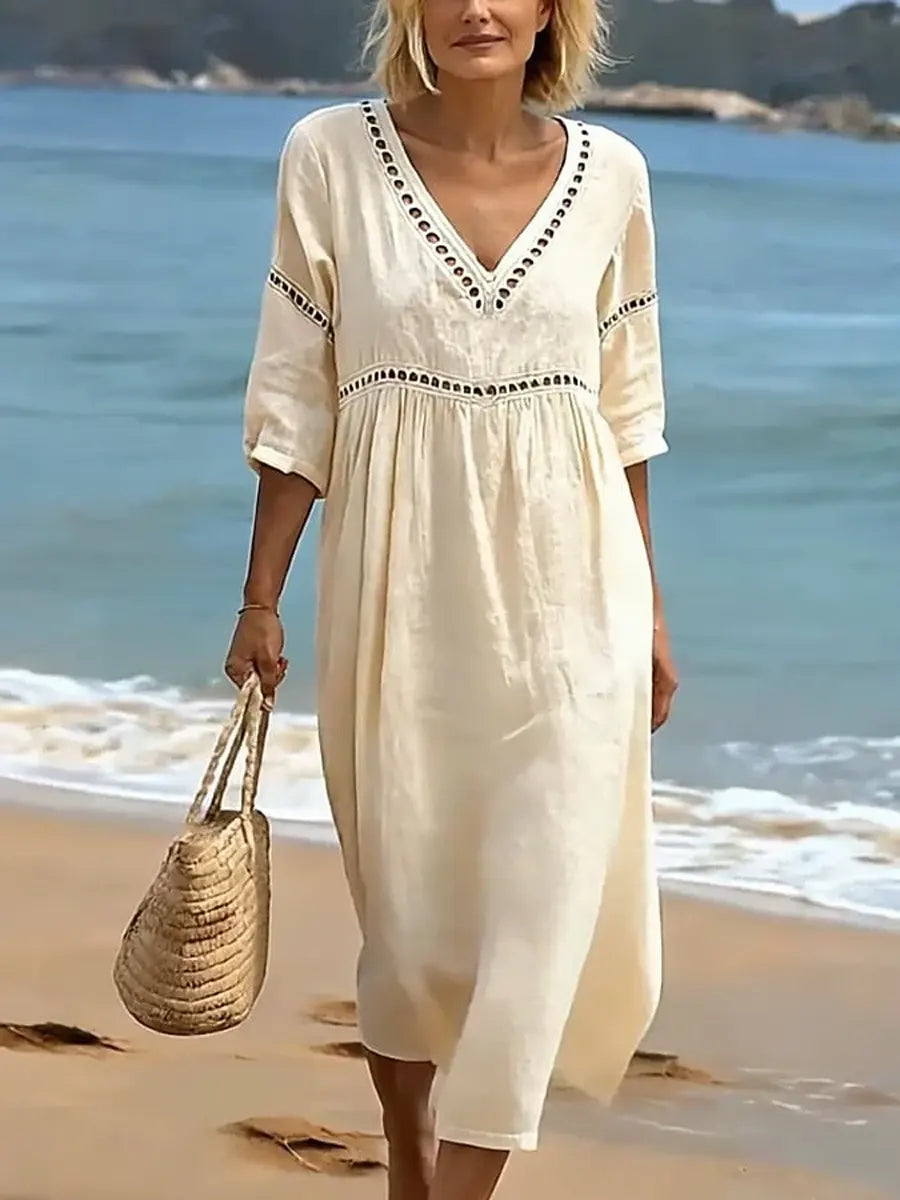 Rynoxa™ - Robe femme midi fluide col V manches larges style naturel élégant
