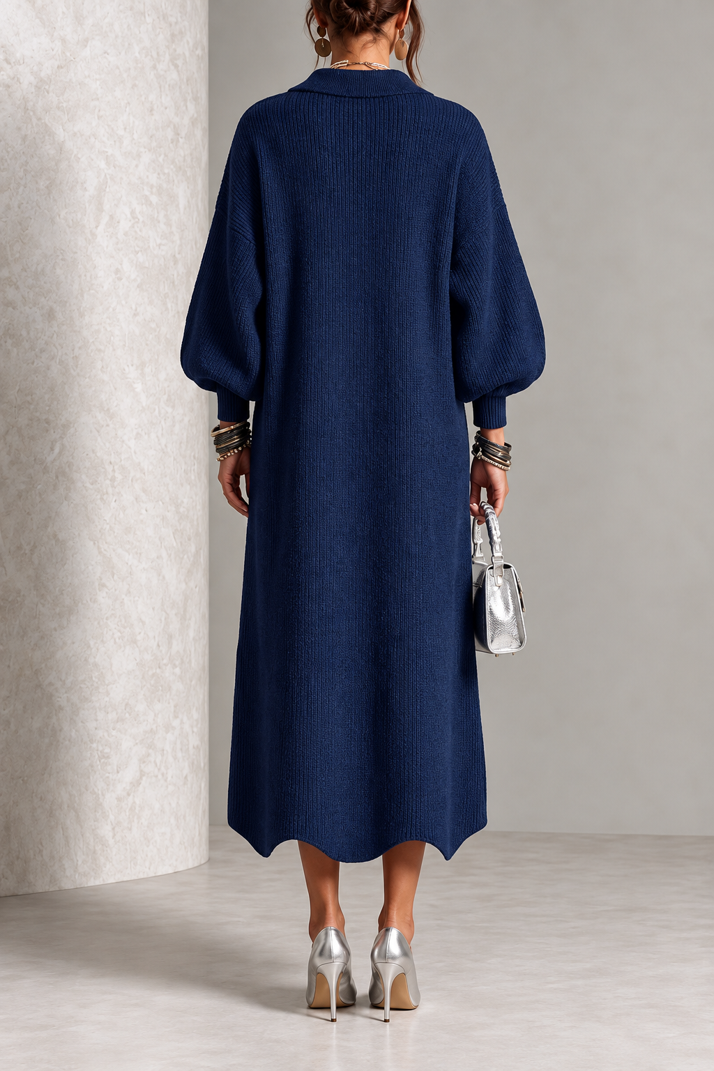 Bregt - Robe midi femme en tricot avec boutons dorés