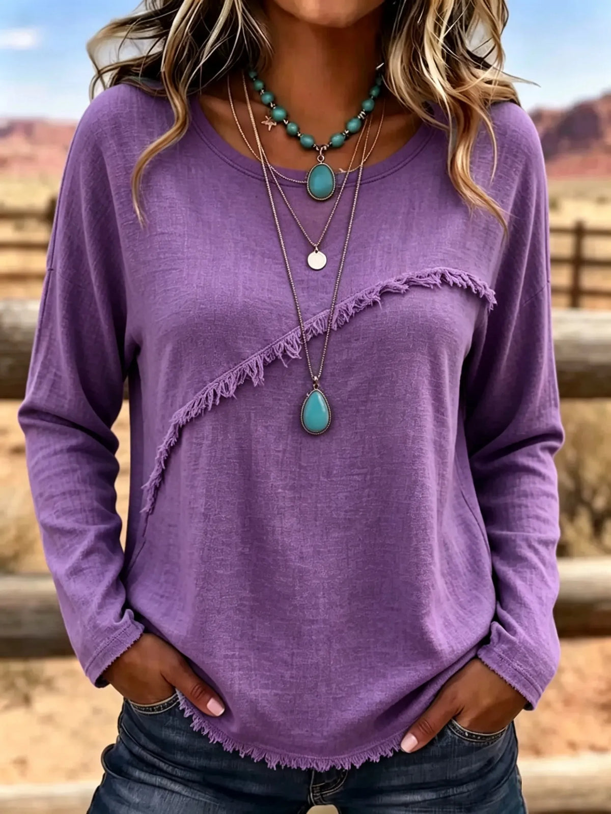 Elsemieke - Blouse femme vintage à col rond avec franges