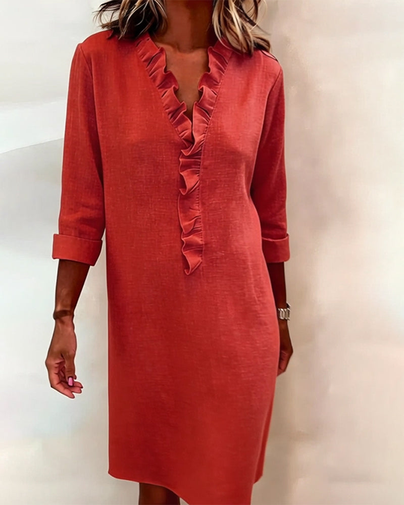 Ophivyn™ - Robe femme col V à volants coupe droite style décontracté