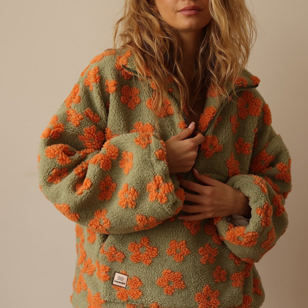 Jovira™ - Sweat en polaire sherpa avec fleurs boho et coupe oversize