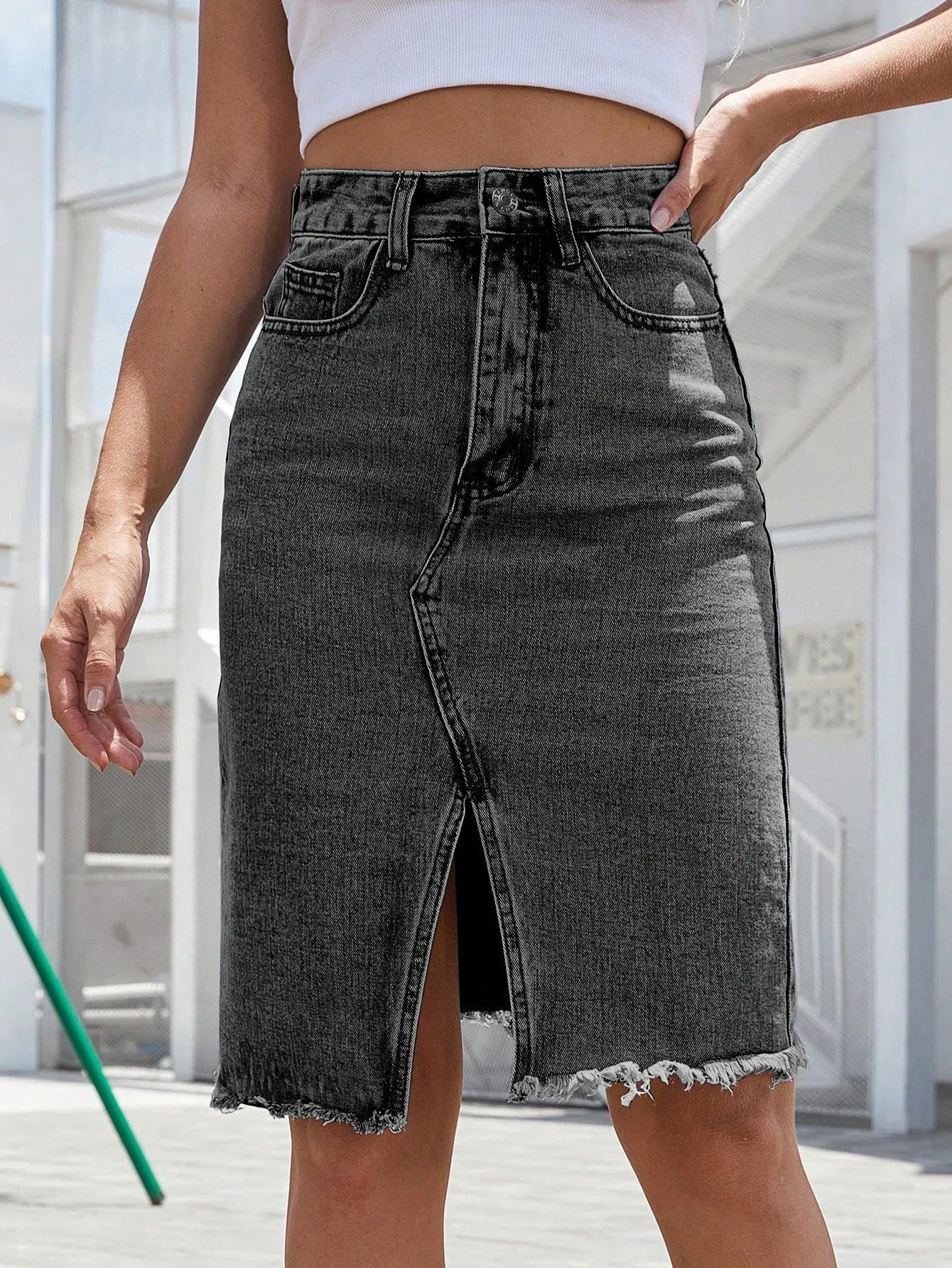 Amarys - Jupe en jean femme taille haute avec fente avant