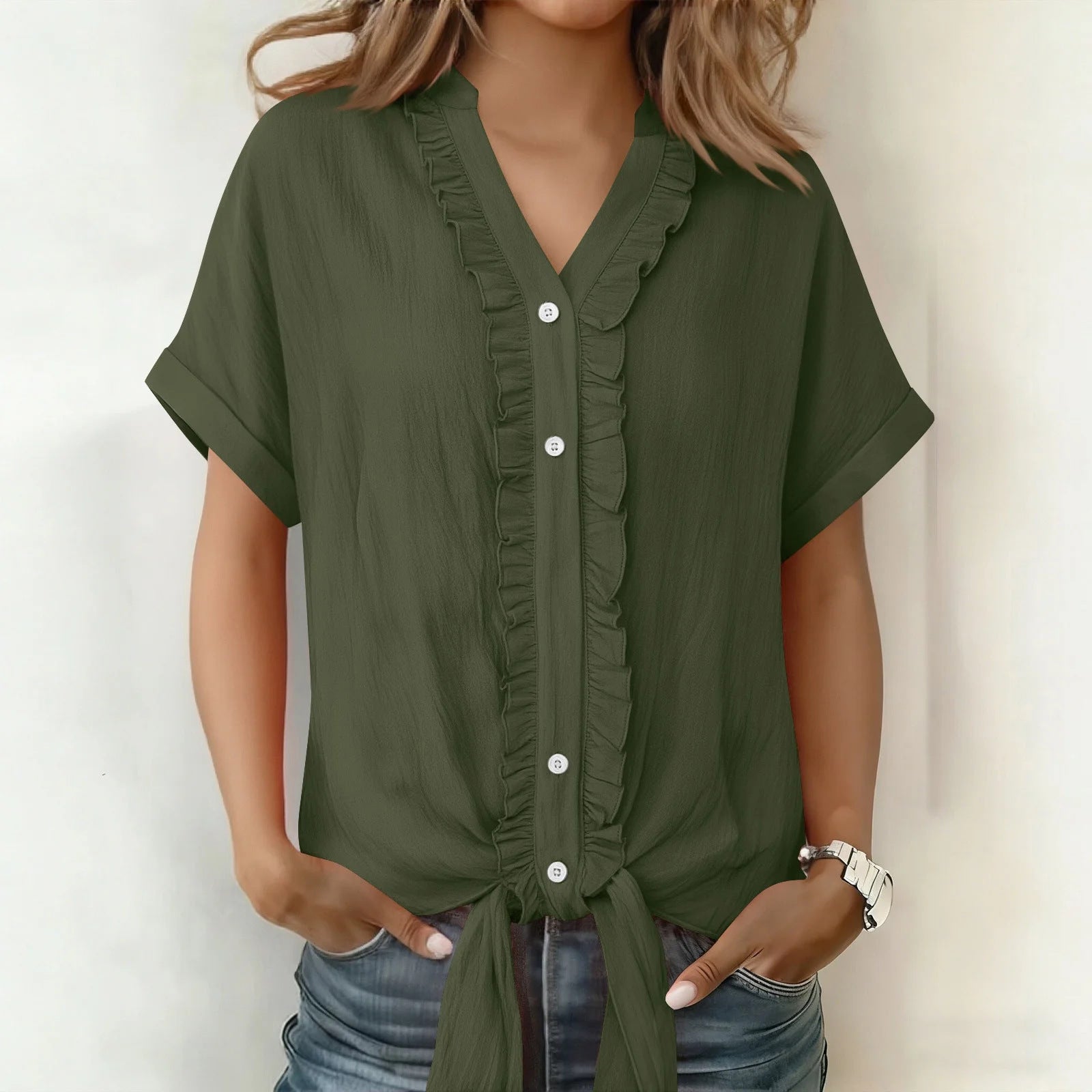 Kalyxa™ - Chemise femme coton col V manches courtes nouée été