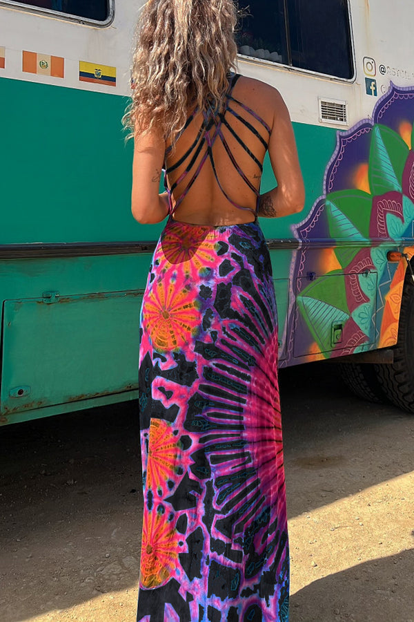 Junaria™ - Robe maxi avec imprimé tie-dye, lacée à l'arrière, extensible (avec soutien-gorge intégré)