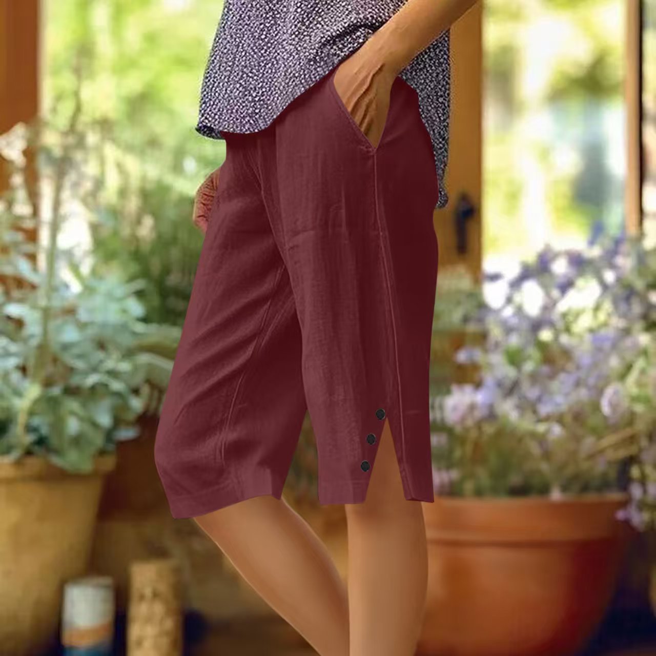 Oselia - Pantalon capri femme uni avec poches