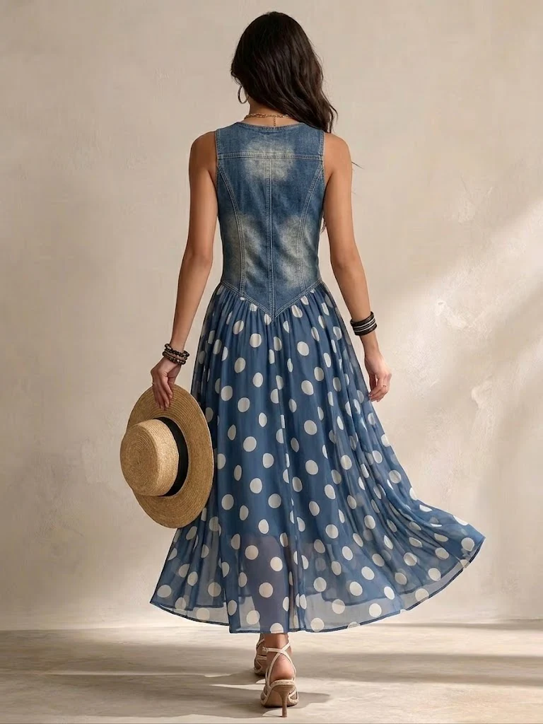 Elviane - Robe sans manches en denim avec jupe fluide à pois