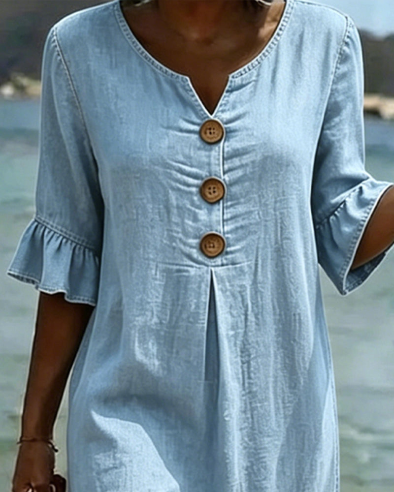 Fynorae™ - Robe femme en jean manches volants coupe fluide été plage