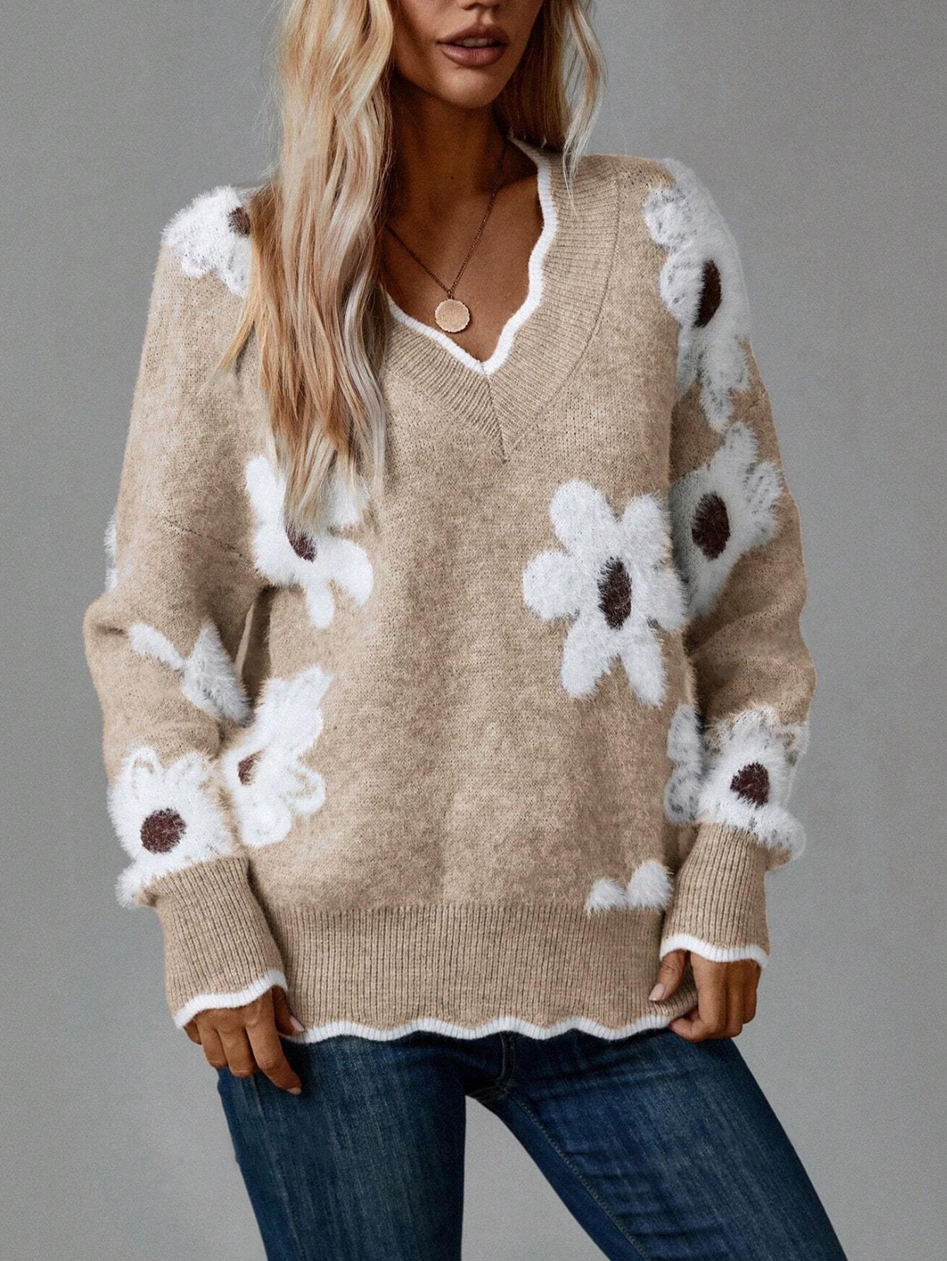 Odette™ - Pull Floral Élégant avec Bordure Festonnée