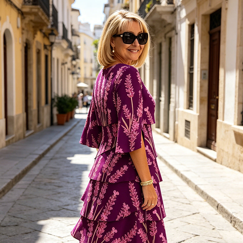 Elyvane™ - Robe femme mi-longue à volants imprimé floral manches fendues