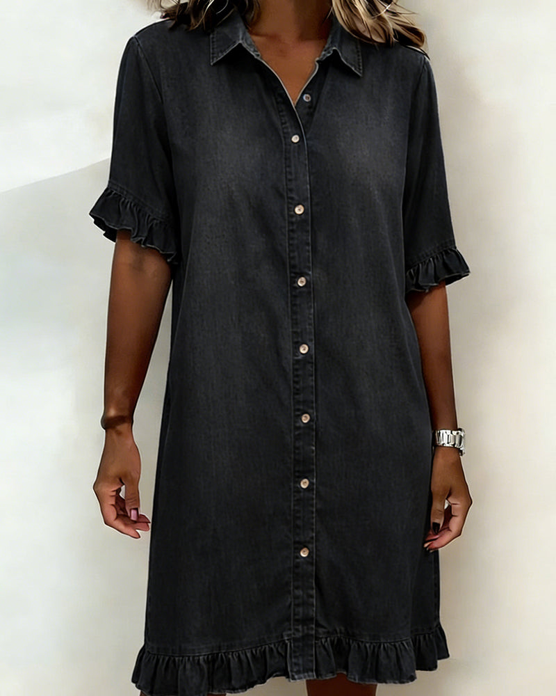 Glytha™ - Robe Femme Denim Boutonnée Manches Volants Coupe Droite Décontractée