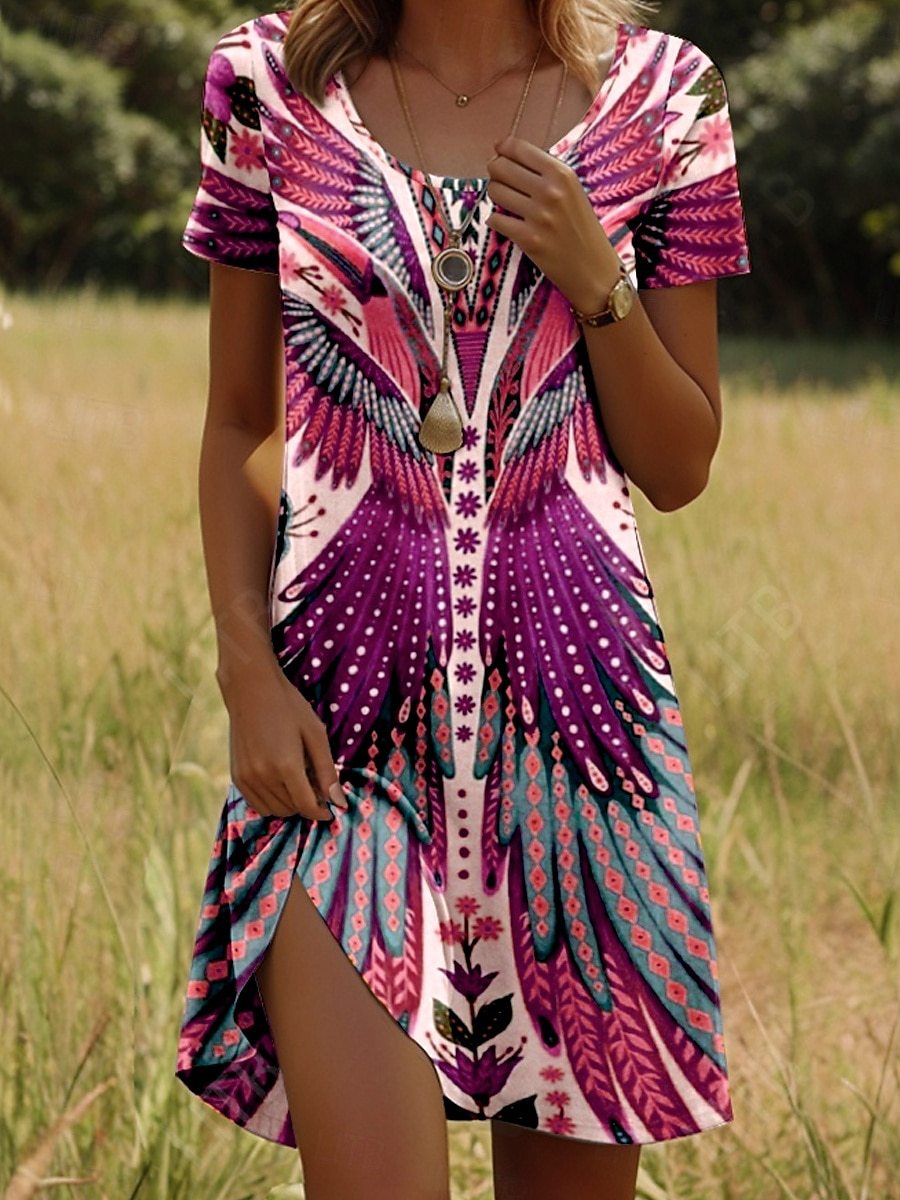 Nivara™ - Robe à Col Rond avec Imprimé Indien à Manches Courtes