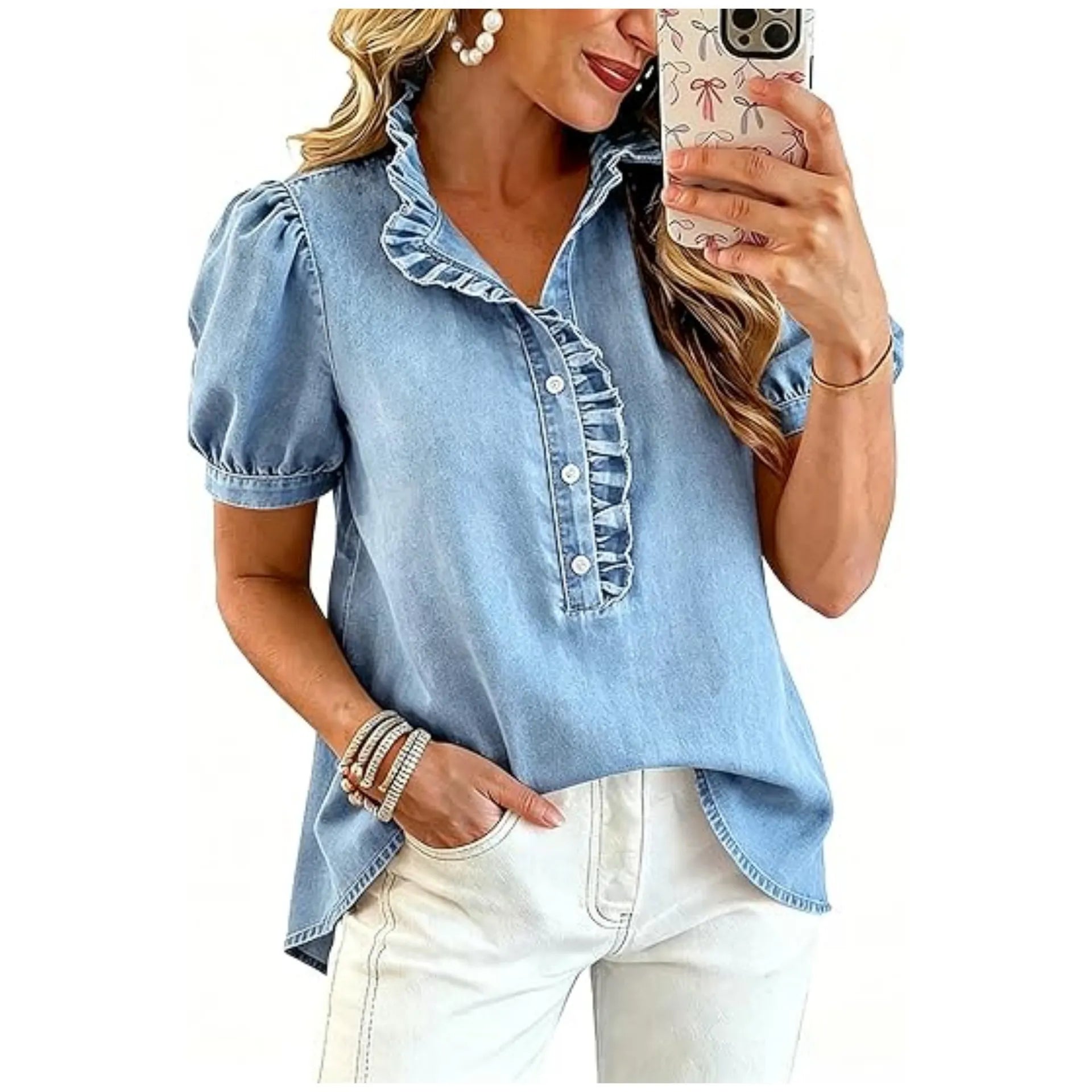 Caelith - Haut femme en denim avec col volanté