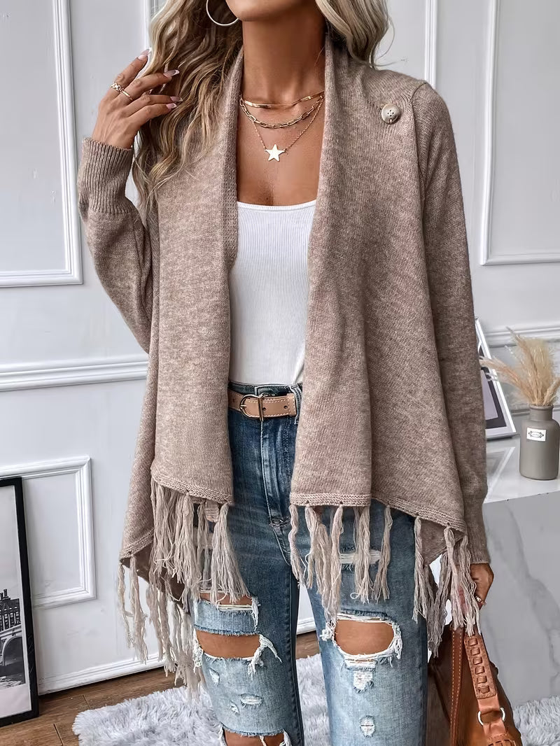 Sjoukje - Cardigan femme à col drapé asymétrique et franges décoratives