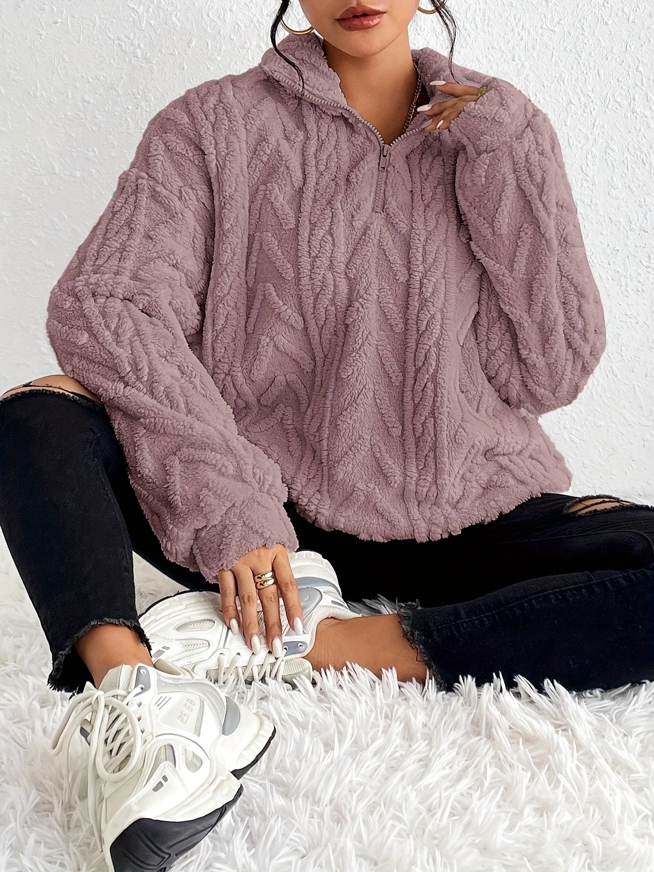 Claudette™ - Sweatshirt Luxe en Fleece à Tricot Cable