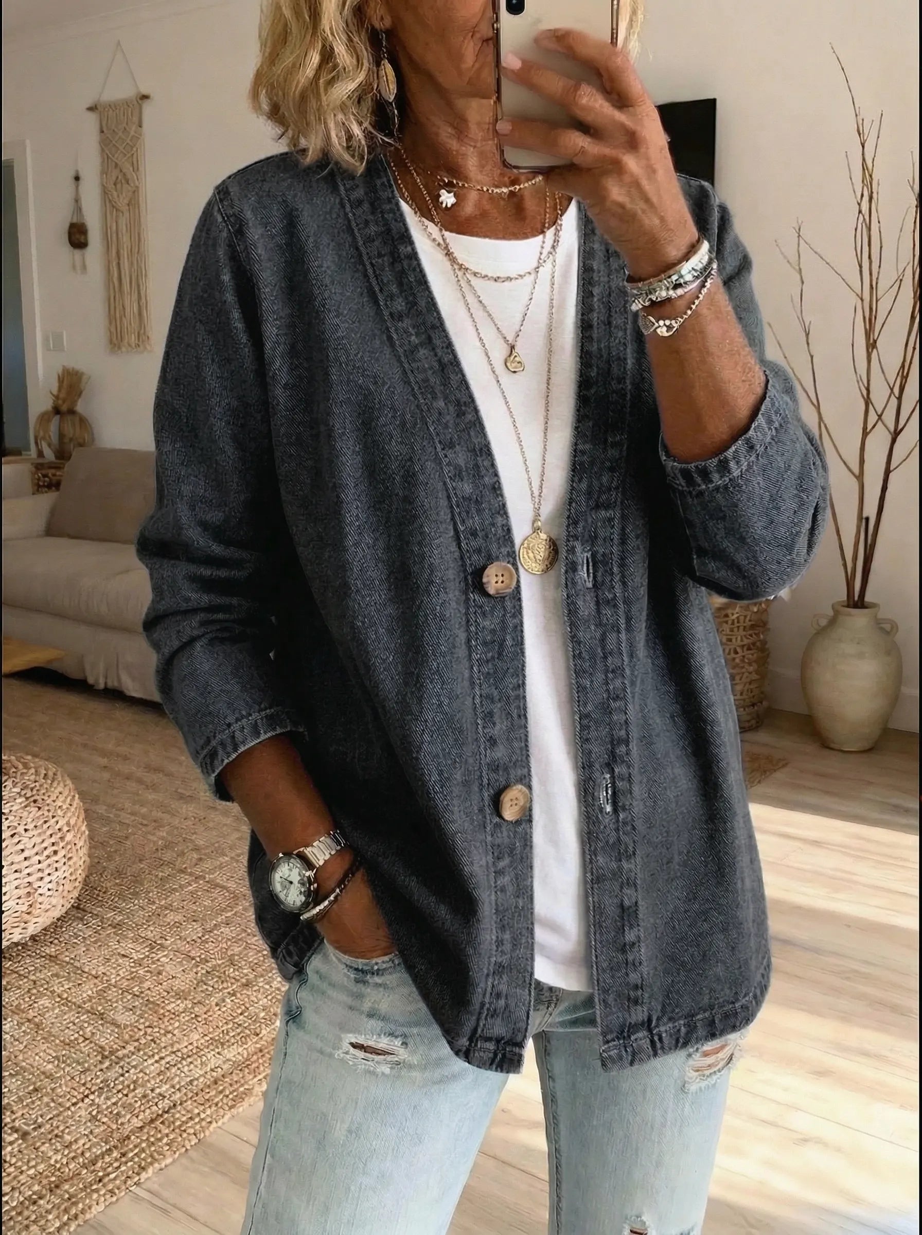 Oryxa™ - Veste Femme Denim Coupe Ample Boutonnée Style Décontracté
