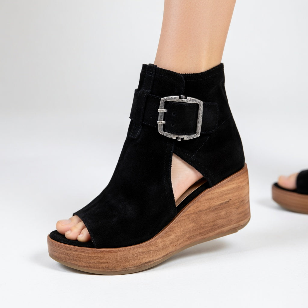 Kalyne™- Sandales femme wedge suède bout ouvert boucle cheville