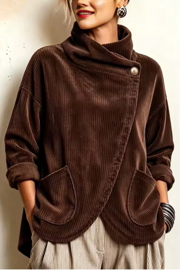 Ysée - Pull femme en velours côtelé à col montant et fermeture asymétrique