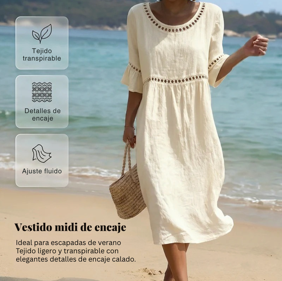 Pryline™ - Robe femme mi-longue lin col rond dentelle ajourée manches volants