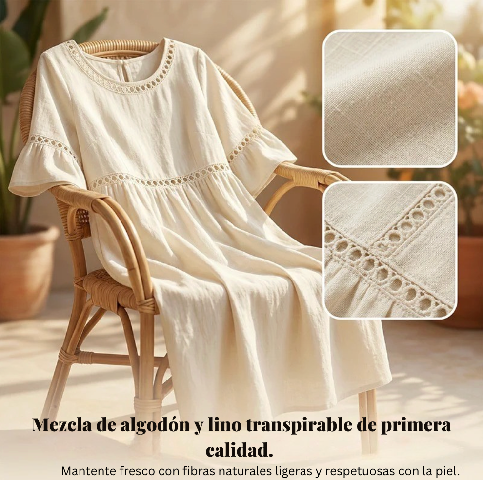 Pryline™ - Robe femme mi-longue lin col rond dentelle ajourée manches volants