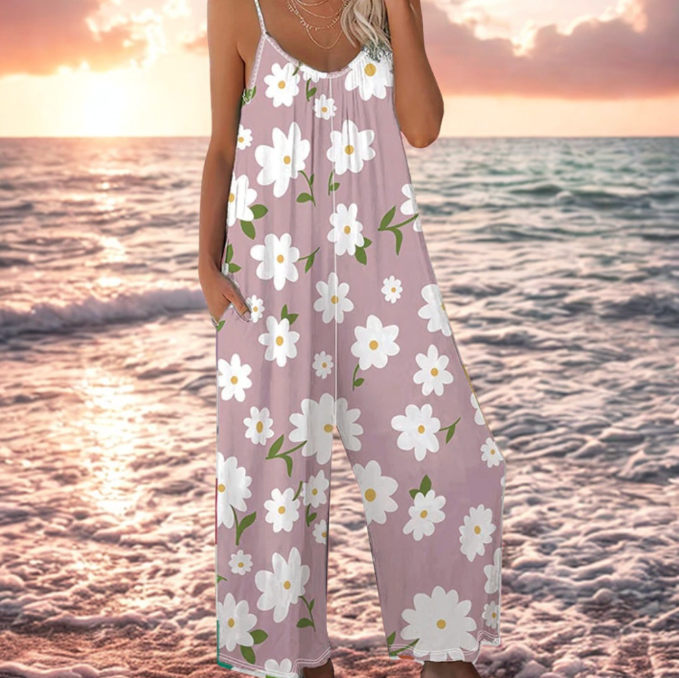 Dovellae™ - Combinaison Femme Bretelles Fines Imprimé Floral Jambes Larges Été