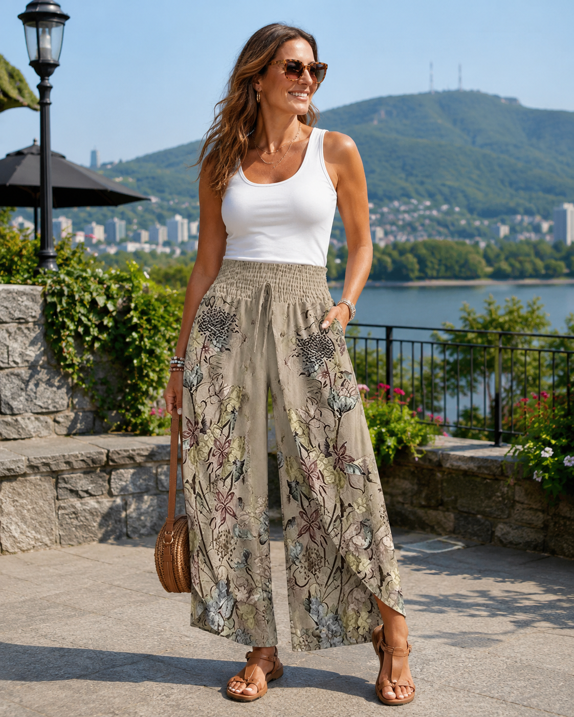 Keloria - Pantalon femme fluide à imprimé floral et jambes larges