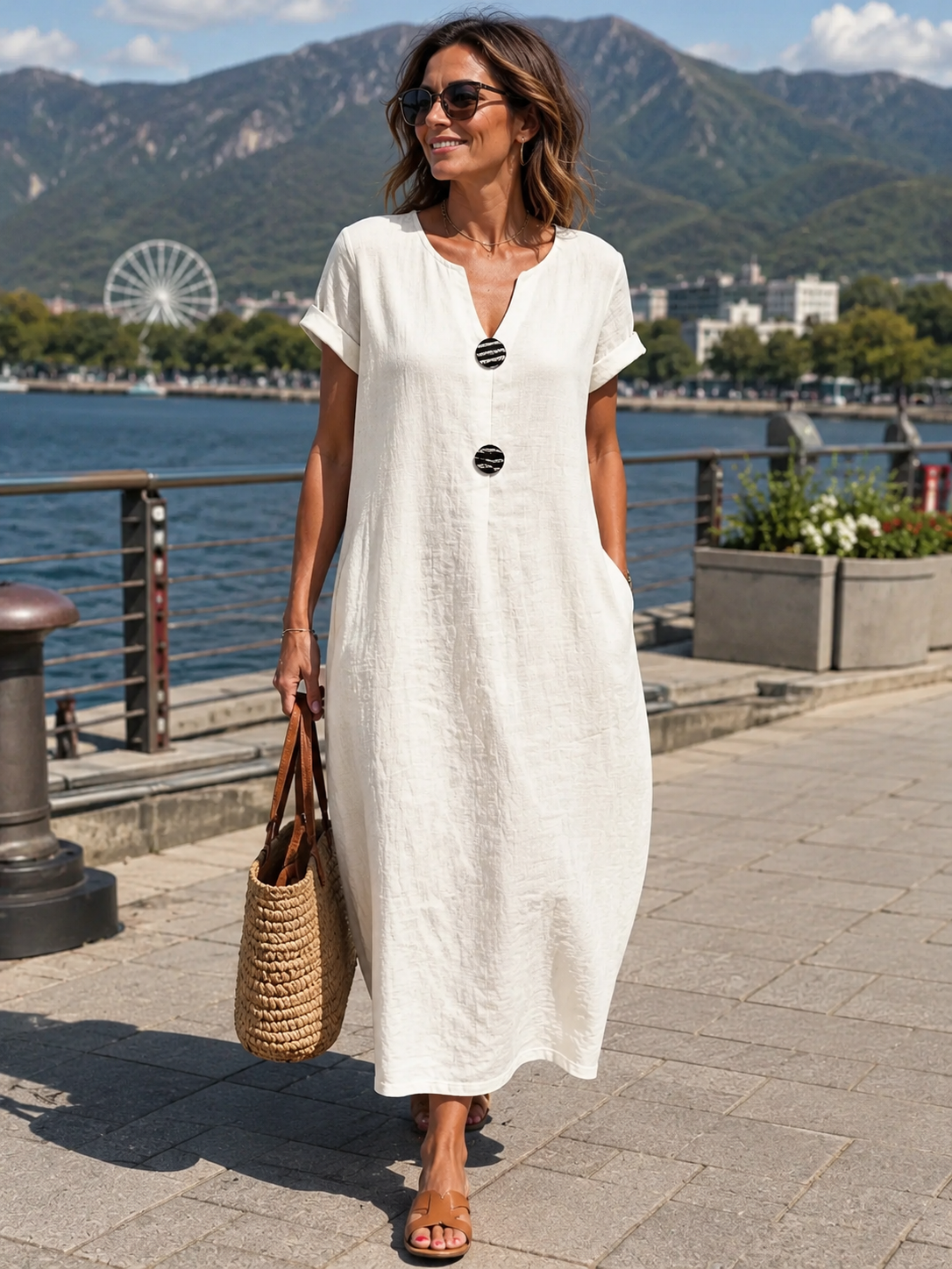 Quinora - Robe longue femme fluide unie avec boutons