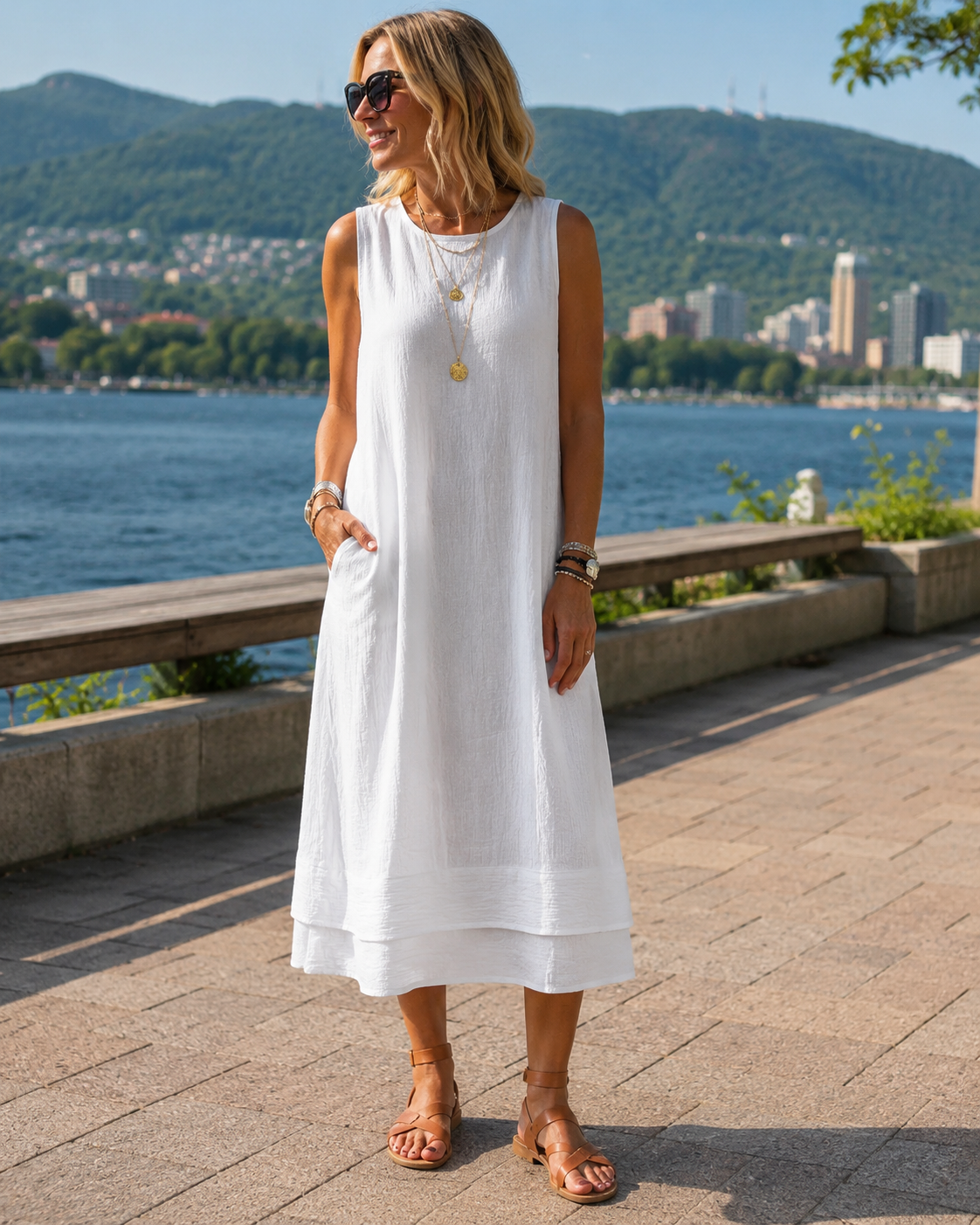 Riselia - Robe midi femme sans manches fluide à volants