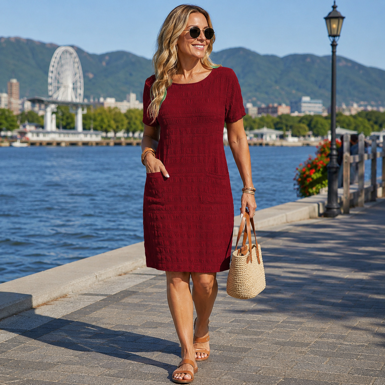 Darisse - Robe femme texturée à col rond avec poches