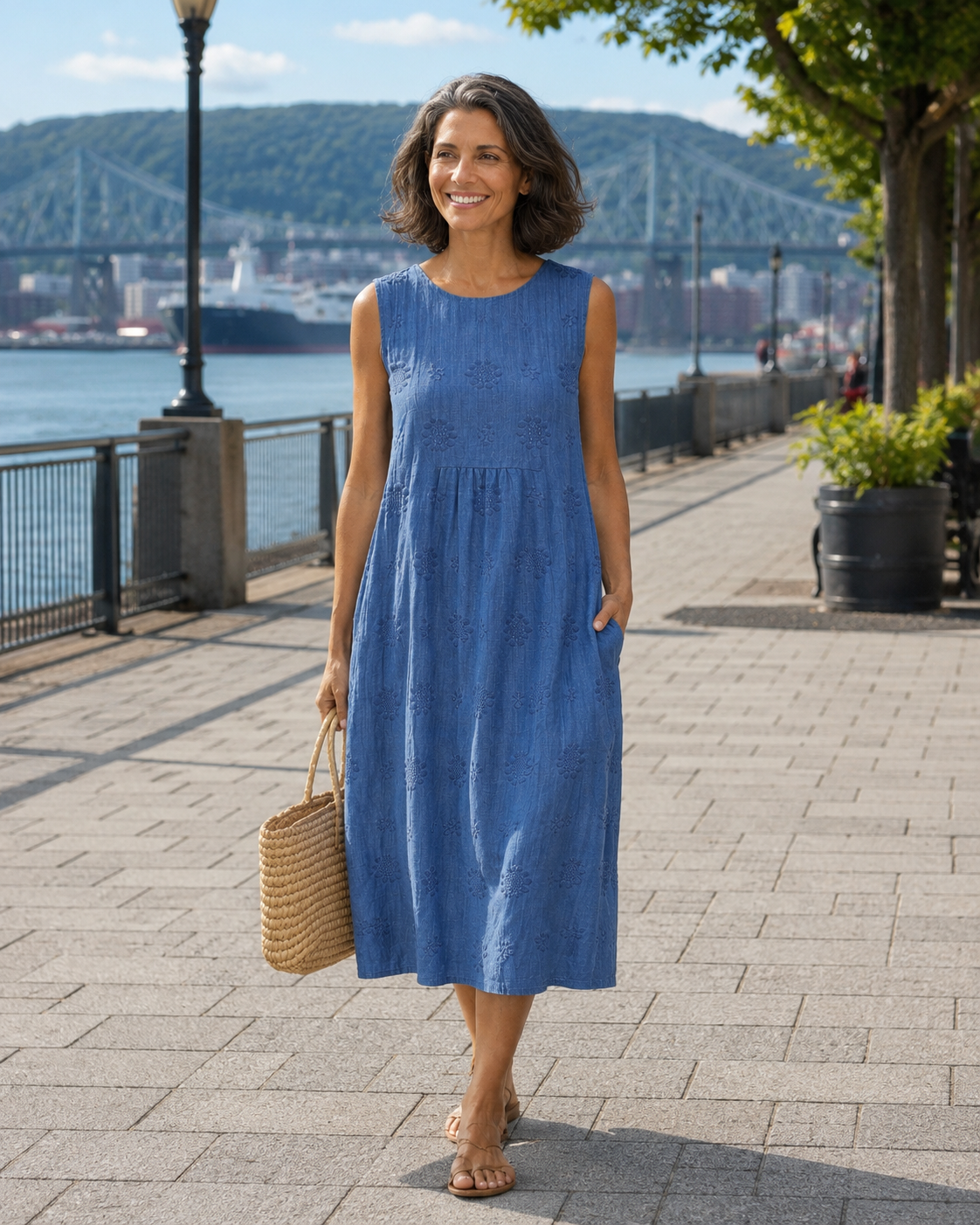 Karelle - Robe midi femme sans manches avec broderie et poches