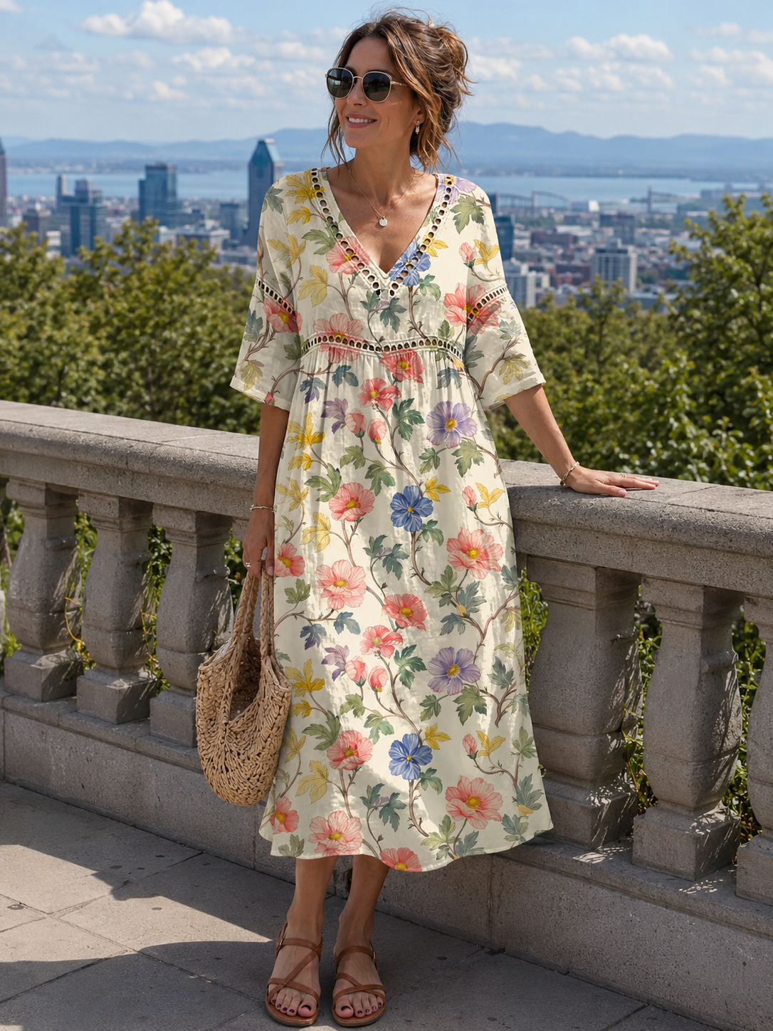 Althea - Robe midi femme coton-lin à imprimé floral