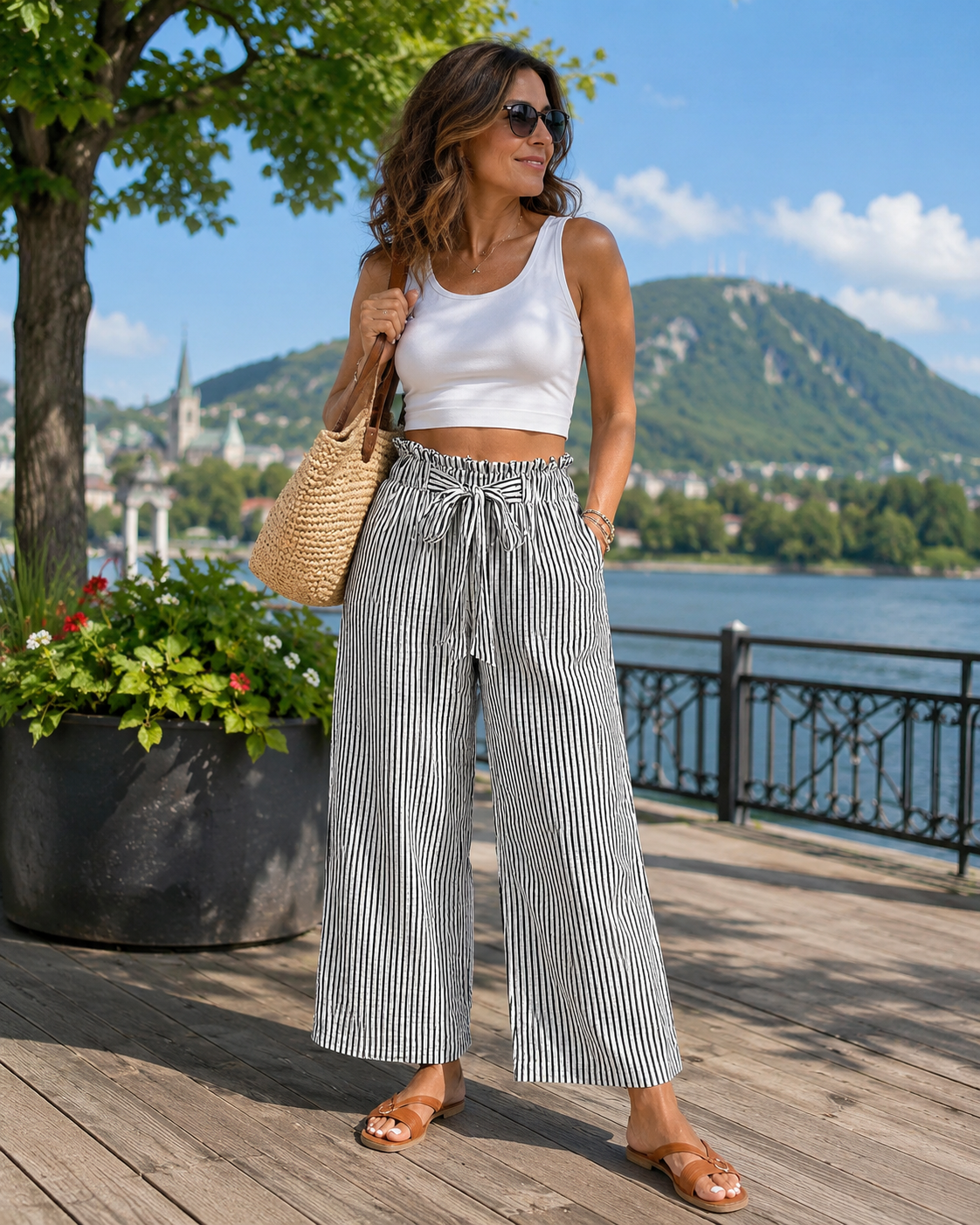 Sylena - Pantalon femme rayé taille haute à jambes larges