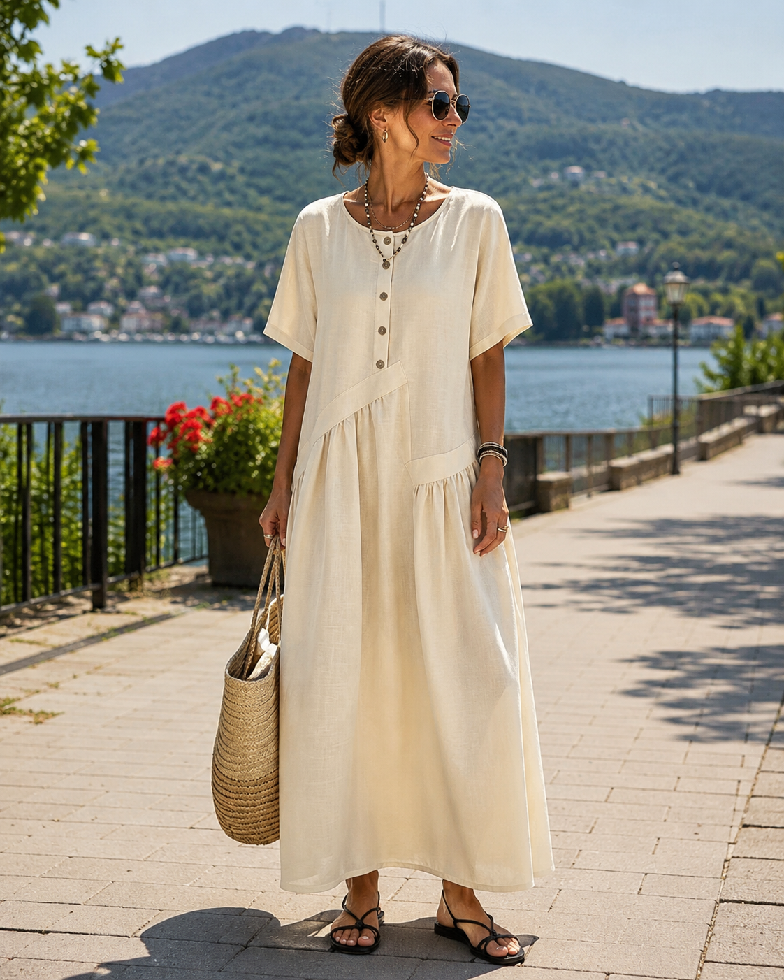 Risel - Robe maxi femme à boutons effet coton-lin