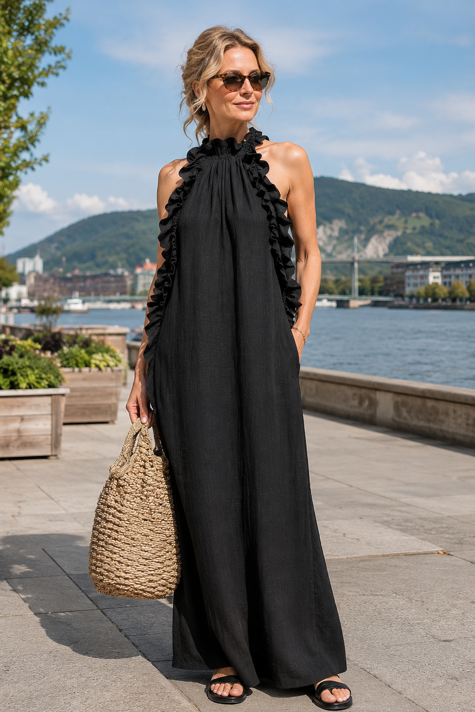 Grevina - Robe maxi femme sans manches à volants avec poches