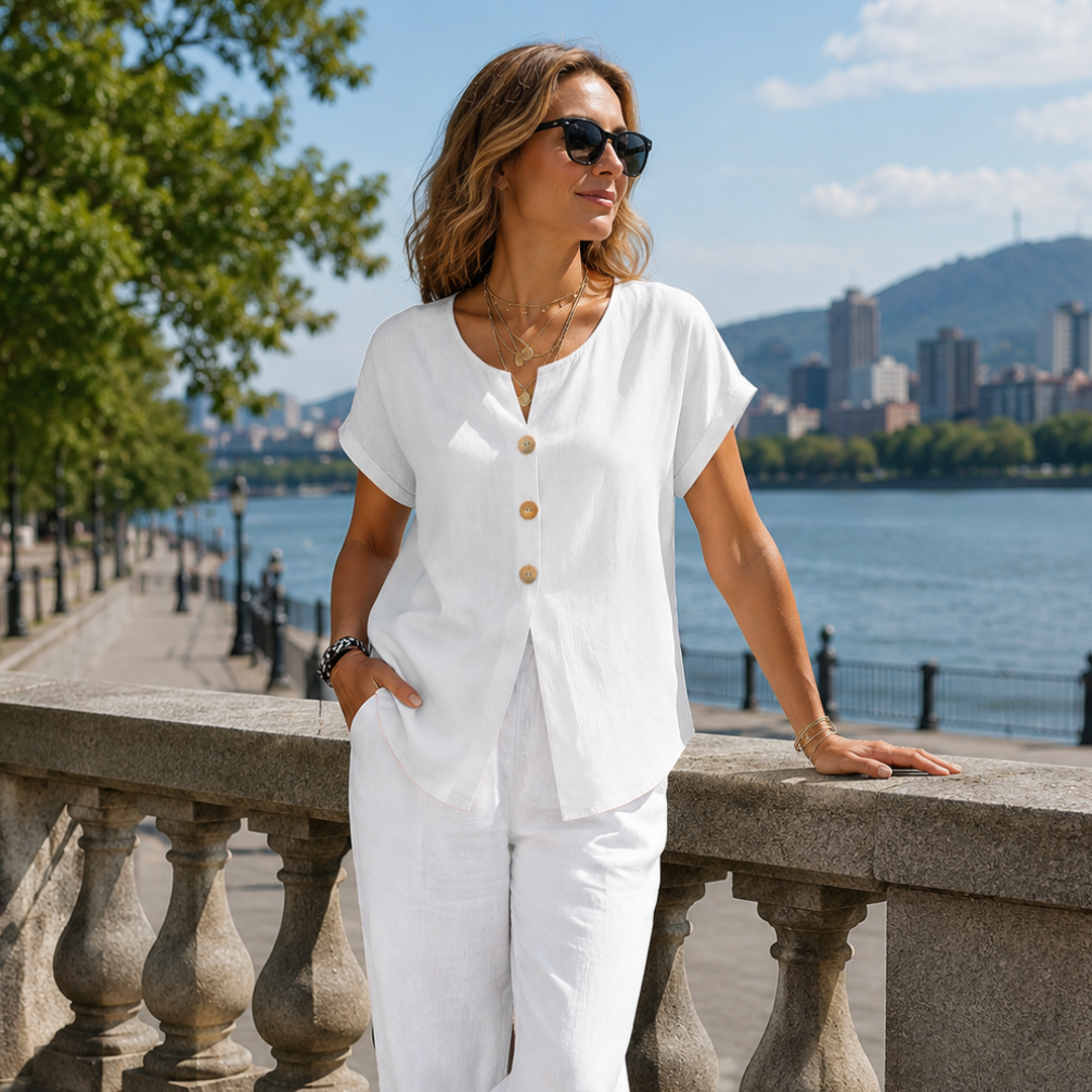 Iridelle - T-shirt femme col V avec boutons décoratifs