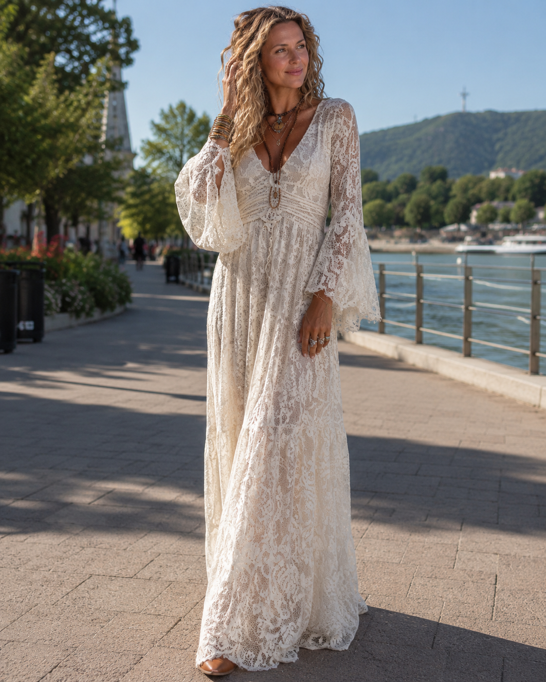 Mireis - Robe longue femme vintage en dentelle coupe sirène