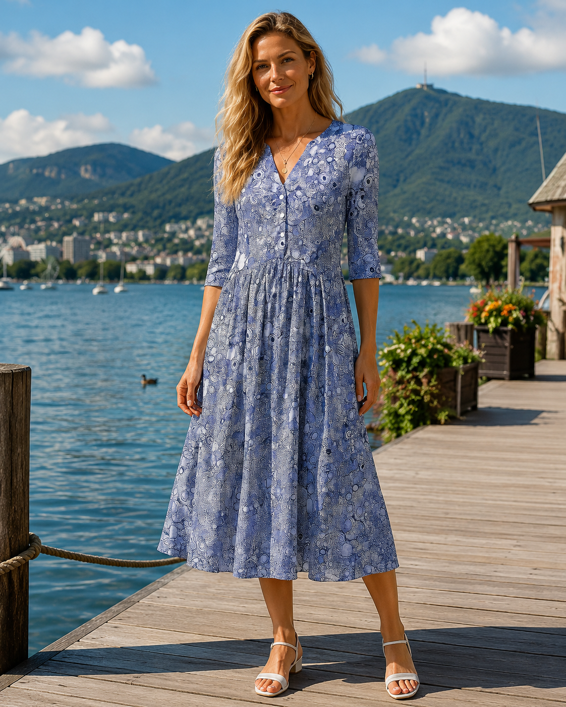 Quessia - Robe midi femme imprimée à col V et manches 3/4