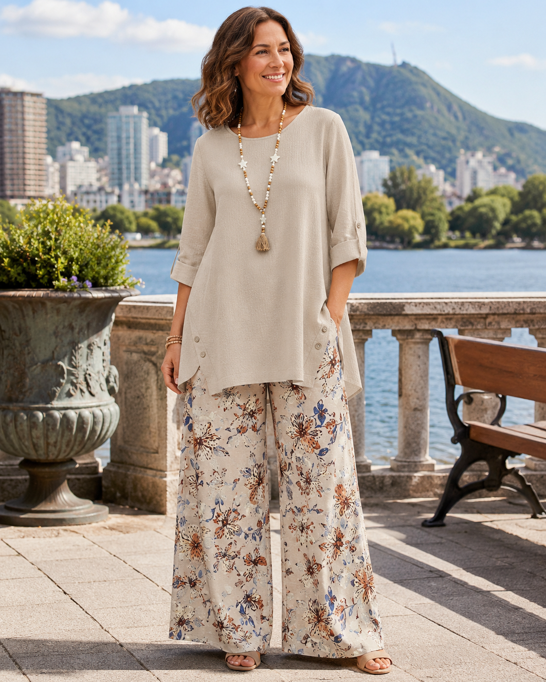 Lorenae - Ensemble femme coton-lin avec tunique et pantalon fleuri