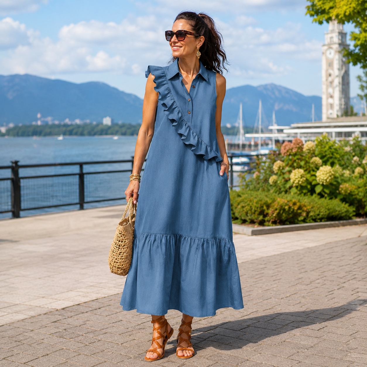 Velina - Robe longue femme sans manches avec volants devant