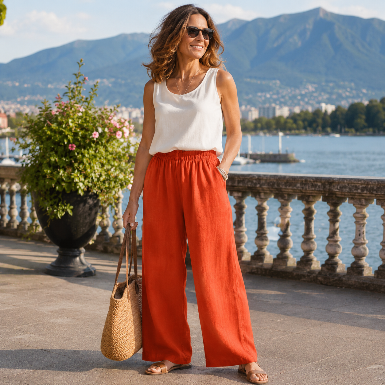 Arelise - Pantalon femme fluide en coton-lin à taille élastique