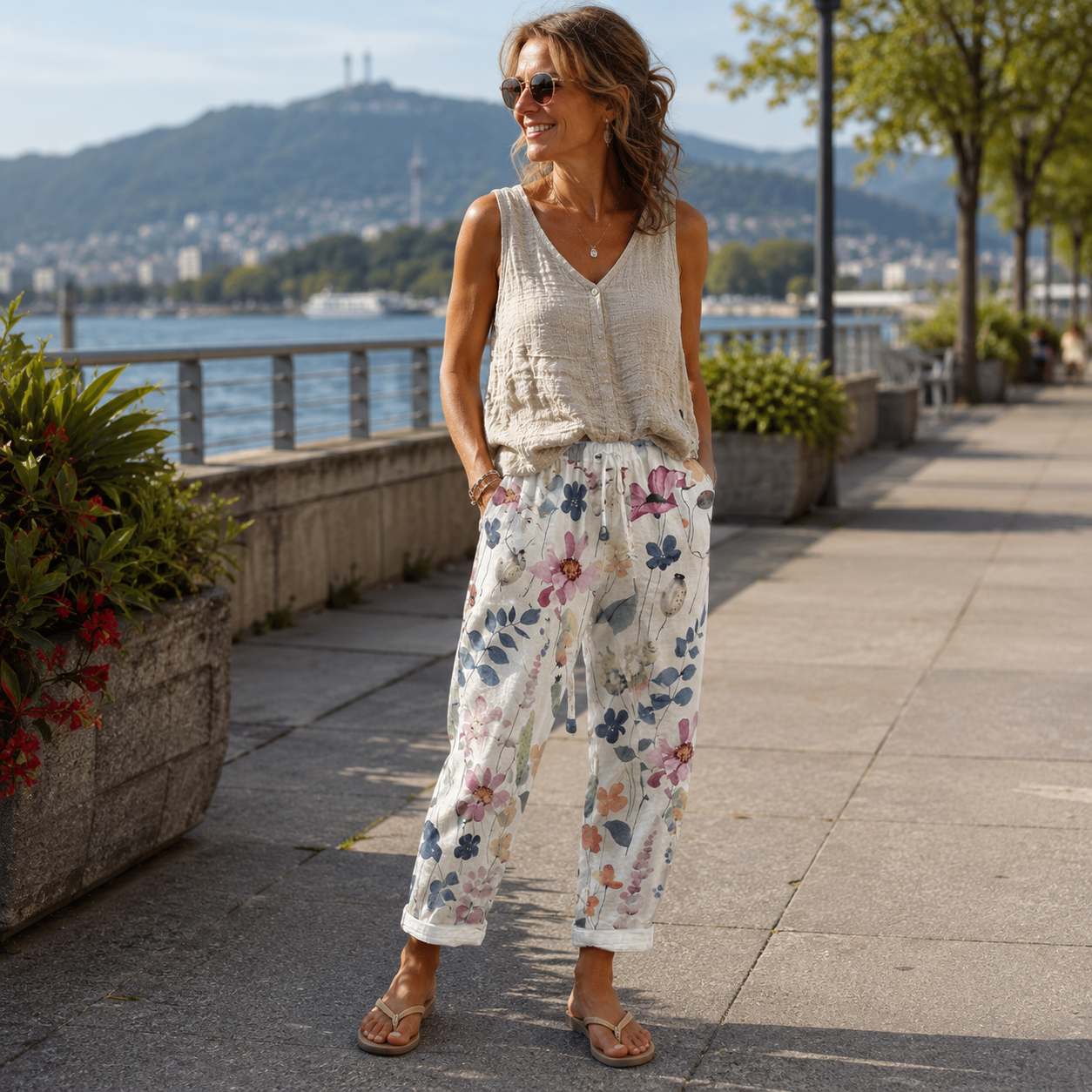 Loritha - Pantalon femme court à imprimé floral avec cordon