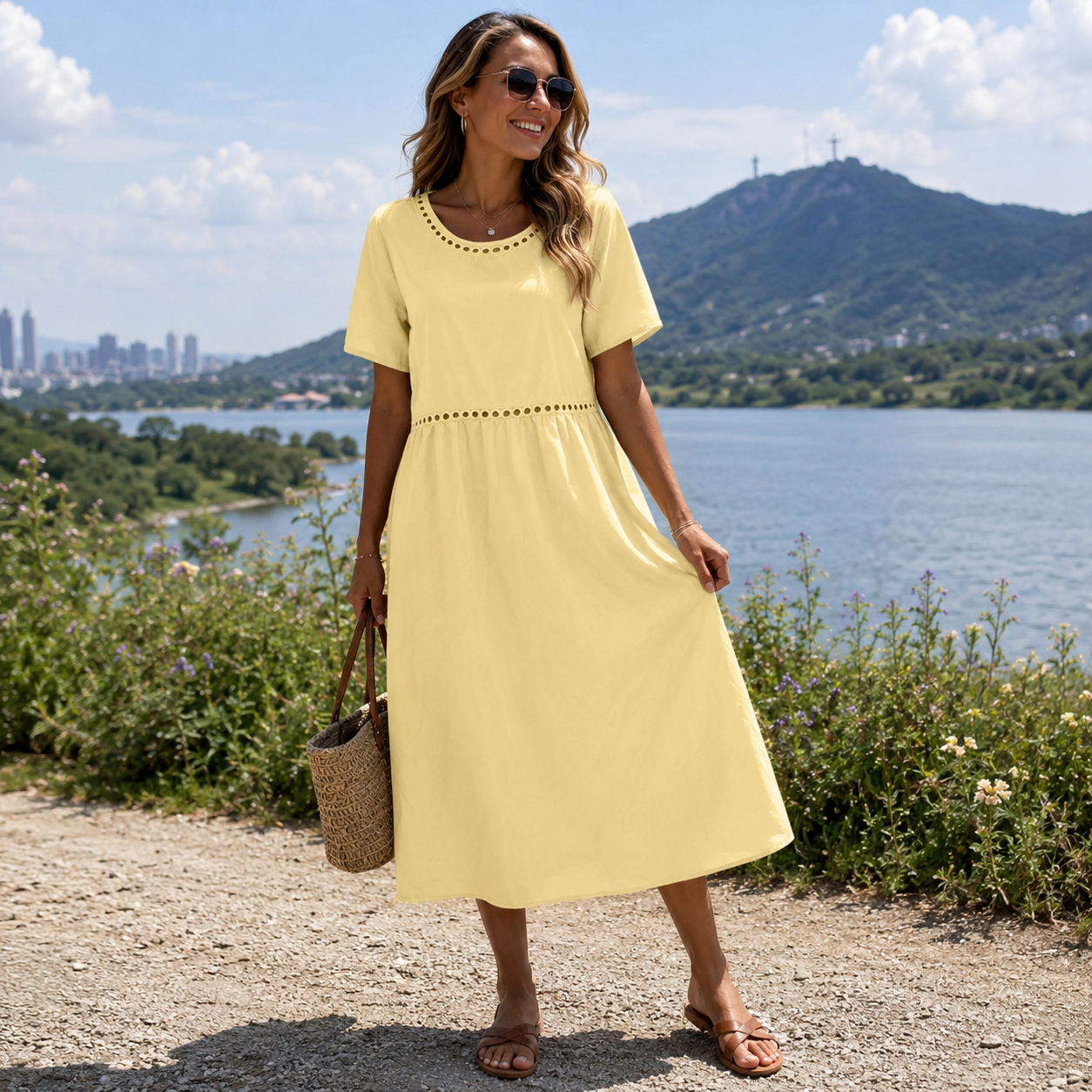Quessina - Robe longue femme coton-polyester avec col rond ajouré