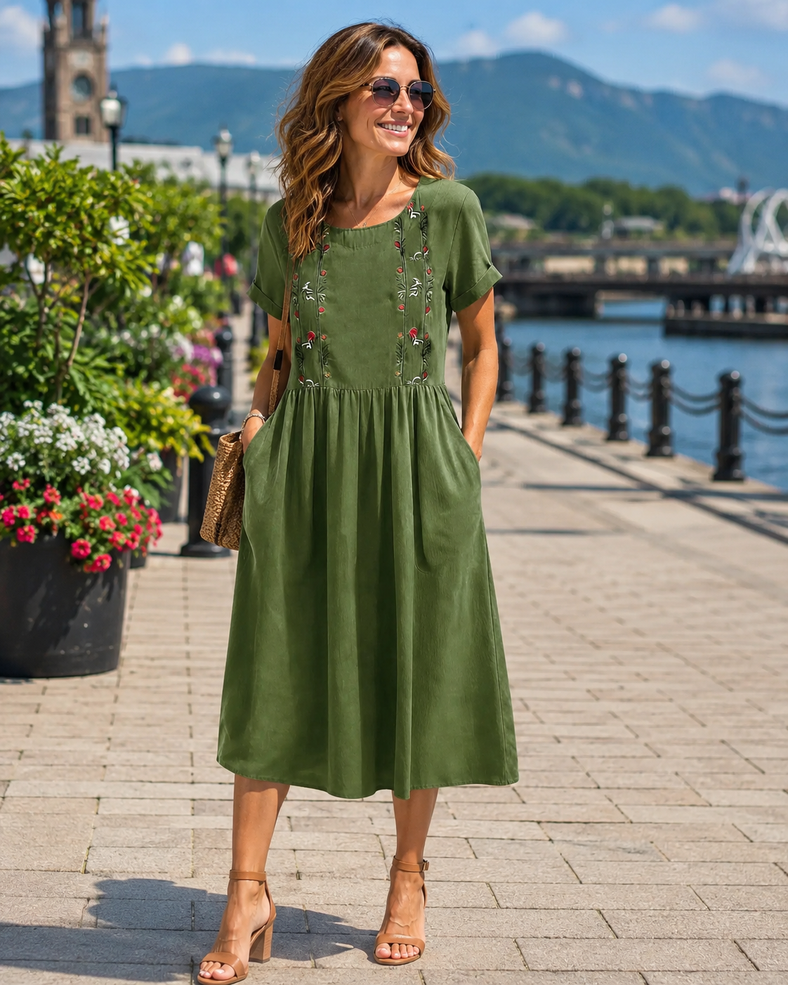 Sylmere - Robe midi femme brodée avec poches et col rond